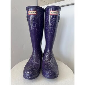Hunter Purple Rubber Glitter Knee-High Rain Boots Outdoors Size Girl’s US 6 GUC